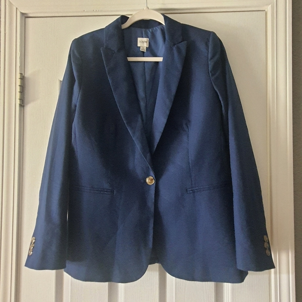 J. CREW Womens Linen Cotton Blazer Bright Navy Blue Peak Lapel Business Casual